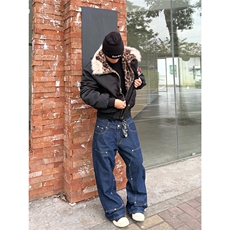 豹纹袖章连帽毛领棉服男女冬季宽松夹棉情侣外套TT5036P105，男装棉衣，星座1013-5