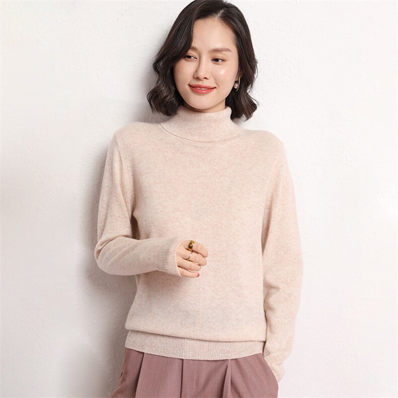 休闲简约百搭淑女通勤长袖高翻领套头羊毛衫,女装羊毛衫,艾米娇羊绒