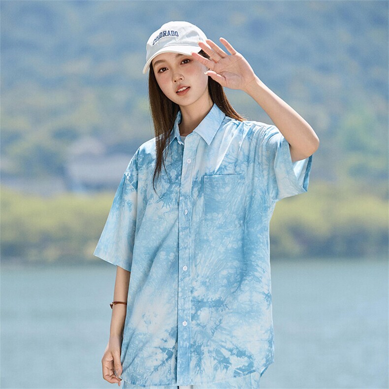 扎染复古短袖衬衫男女款夏款宽松休闲百搭衬衣A406C6050特P38,男装衬衫,星座309（原A406）