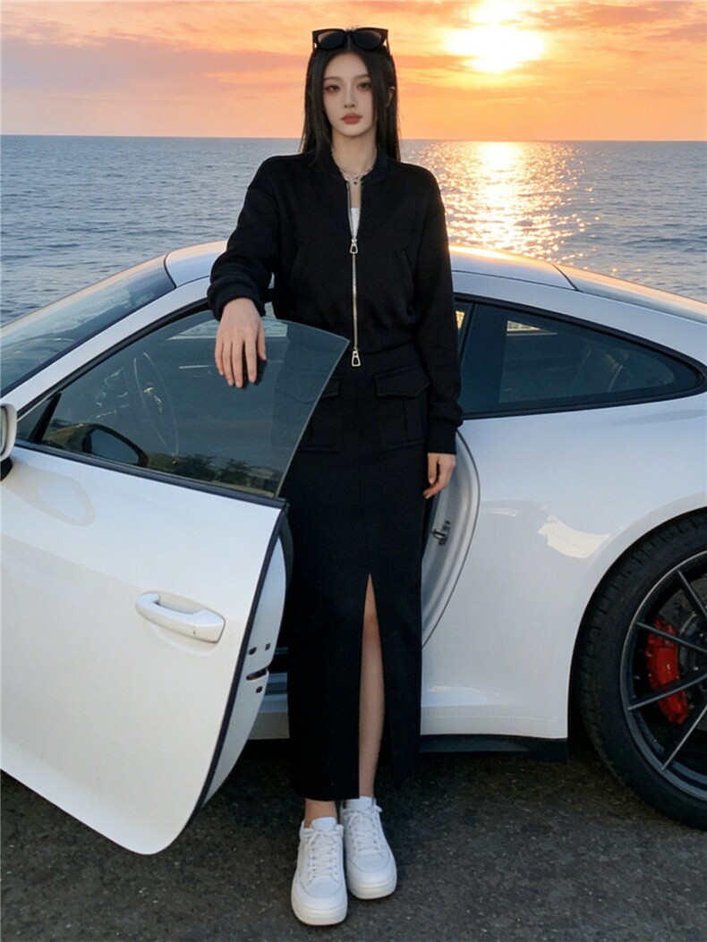 港风时尚休闲套装裙女春季新款玫红色开衫卫衣开叉半身裙两件套潮,女装套装/套裙,江南