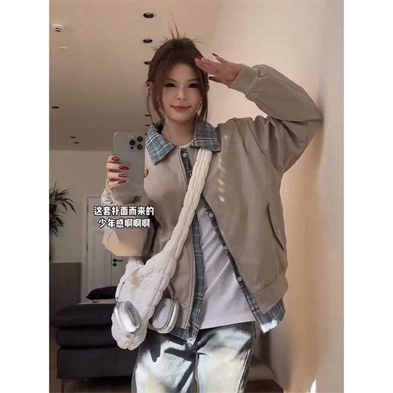 887-P63美式复古格子拼接假两件夹克男女cleanfit设计感,男装夹克,电商B323A