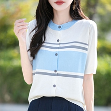 夏季新款时尚气质条纹圆领开衫女修身显瘦百搭休闲上衣，女装针织衫/毛衣，萱芳婷羊绒