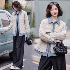 假两件牛仔拼接菱格轻薄棉服女2024冬季新款宽松百搭保暖夹棉外套，女装棉衣/棉服，靓星雨