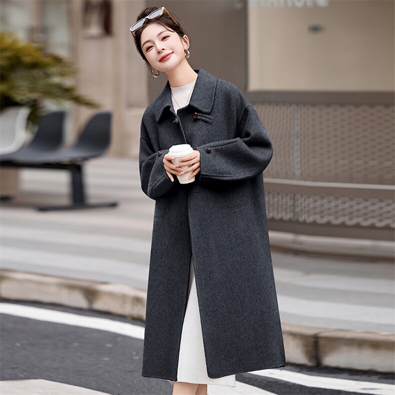 双面呢大衣女春装新款欧货韩系时尚气质小香风中长款翻领羊毛外套,女装羊绒大衣,尚娜萱