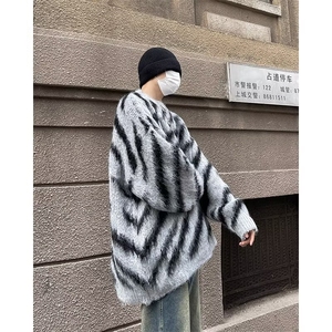 港风圆领复古毛衣秋冬季撞色大码男生款胖子休闲针织衫M314/P68图片