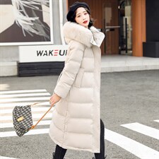 2021冬季新款时尚系带收腰显瘦气质真毛领长款连帽羽绒服，女装羽绒服，贵人树