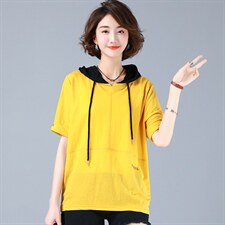 连帽宽松短袖通勤T恤2021年夏季潮流时尚百搭韩版，女装T恤，丽影随形