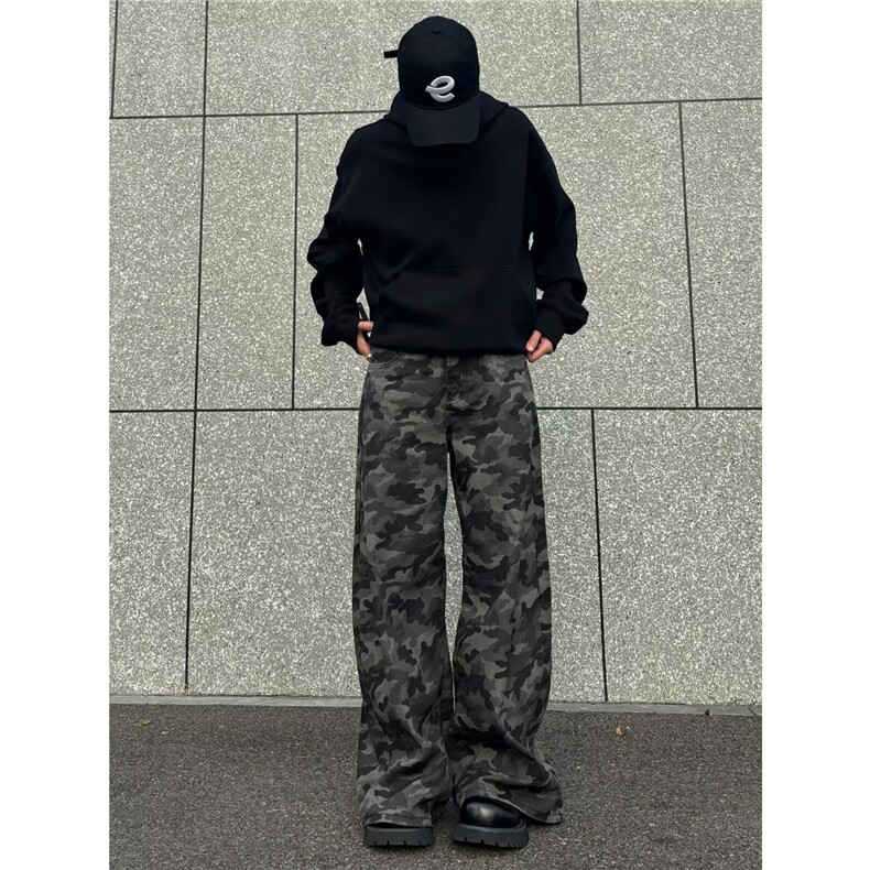 水洗做旧迷彩高街阔腿牛仔裤直筒宽松拖地工装裤K83056-P42网络图,男装牛仔裤,电商B245