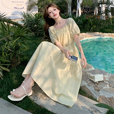 黄色甜美减龄初恋少女桔梗a字裙新款茶歇绝美超仙别致连衣裙女夏，女装连衣裙，2C125