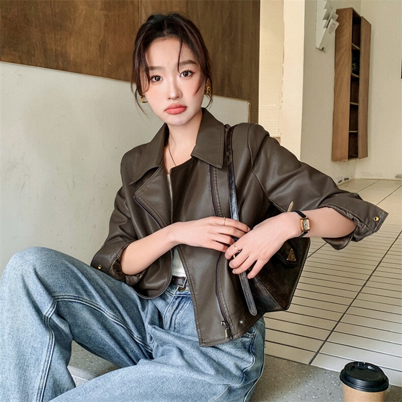 韩系穿搭chic超好看黑色皮衣外套女春秋季小个子高级感短款皮夹克,女装皮衣,欣美人
