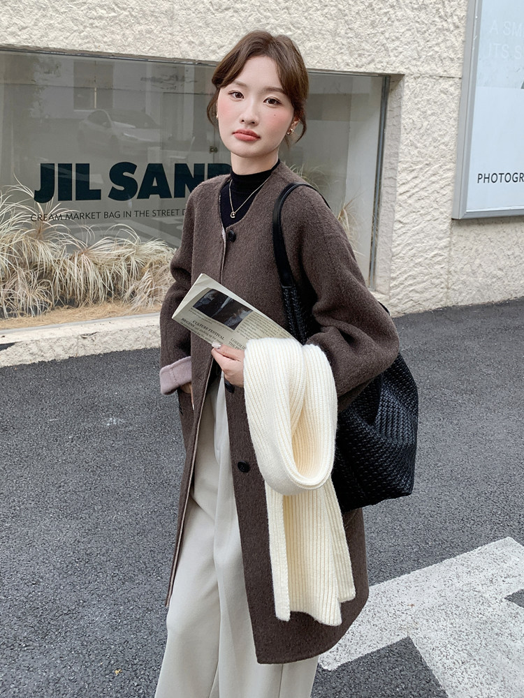 棕色轻熟风圆领双面羊绒大衣女2025冬新款复古宽松中长款毛呢外套,女装双面呢大衣,浙宝192（原082）