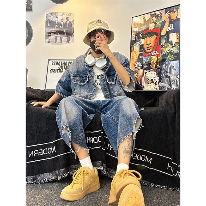 水洗复古宽松牛仔短袖衬衫外套男夏季设计感小众夹克潮J8613-p60,男装夹克,星座1008