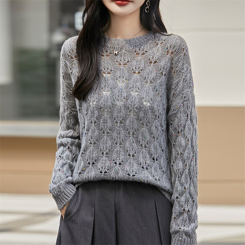 重工镂空钩花100%纯羊毛衫女薄款圆领亮片针织毛衣宽松羊绒衫上衣，女装羊毛衫，秋虹羊绒