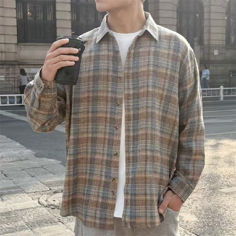 （跨境电商）四季款格子衬衫潮流宽松格纹衬衣,男装衬衫,星座1107-1