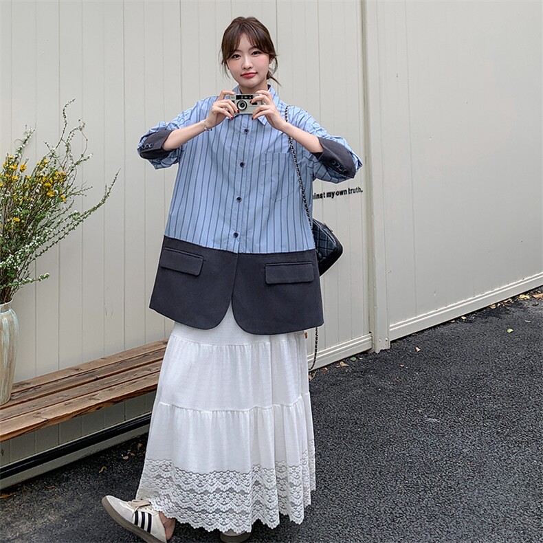 蓝色条纹西装拼接衬衫外套2025新款女春秋小众设计感韩系气质上衣,女装短外套,浙宝069