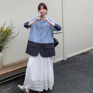蓝色条纹西装拼接衬衫外套2025新款女春秋小众设计感韩系气质上衣图片