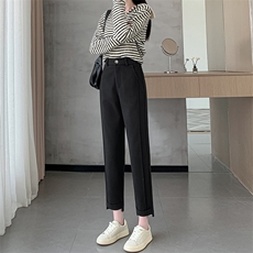 黑色毛呢裤子女秋冬哈伦西装裤胖MM直筒高腰小个子九分烟管裤，女装休闲裤，云美莎专业女裤-全店现货