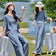 现货套装女2026年夏季新款时尚气质天丝牛仔轻薄阔腿裤两件套，女装套装/套裙，关键词