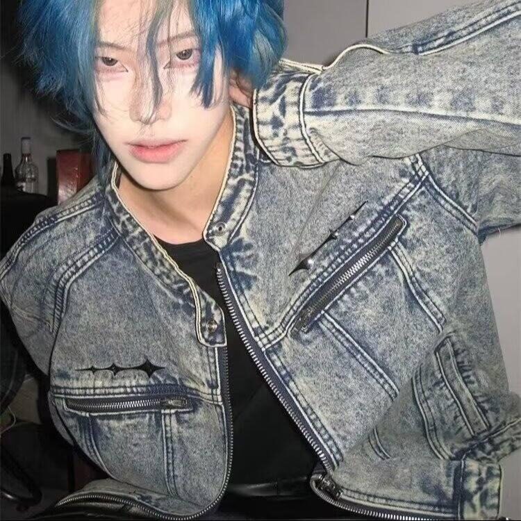 美式复古短款牛仔外套男秋季酷帅穿搭垫肩工装夹克潮牌立领牛仔衣,男装工装外套,星座410-6（原星座1304-1）