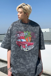 美式复古汽车印花男生短袖水洗做旧宽松T恤JK23273-p45-控58图片