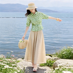 高级感时尚套装女春夏短袖绿花衬衫减龄半身裙裤优雅两件套图片