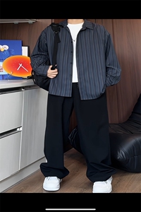 C235/P40秋季新款老钱风条纹衬衫男暗门襟设计感长袖男士衬衣图片