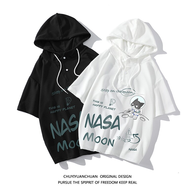 NASA连帽短袖t恤男大码胖子带帽五分袖中袖白底LD54187-P45,男装T恤,电商A040A