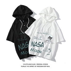 NASA连帽短袖t恤男大码胖子带帽五分袖中袖白底LD54187-P45，男装T恤，电商A040A