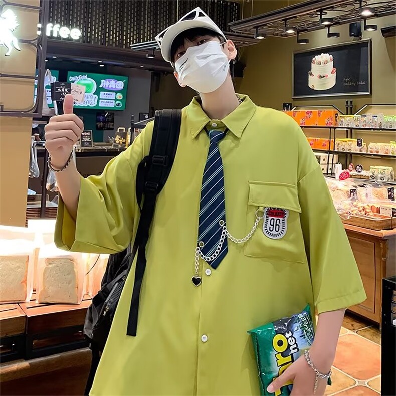 日系五分袖春夏季新款衬衫潮流慵懒男方领宽松型衬衫C505P32,男装衬衫,星座1116-2
