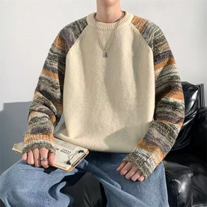 韩系百搭慵懒风拼色圆领北极绒针织衫毛衣女秋冬长袖叠穿厚实上衣图片