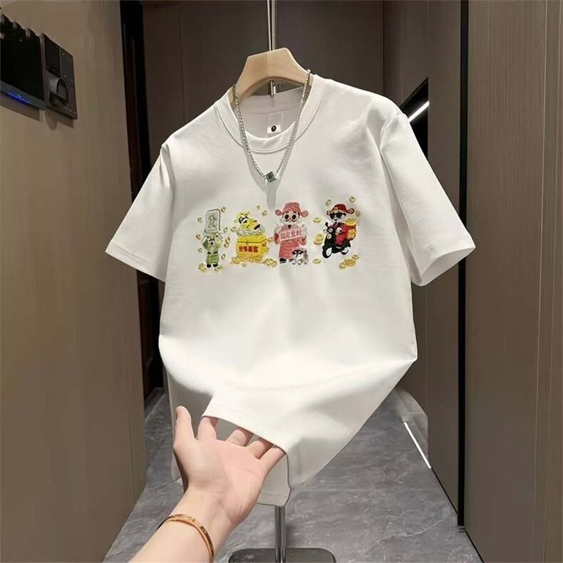 2026年夏季新款高级感休闲简约纯棉短袖男士重磅宽松透气圆领半袖，男装T恤，星座218-8