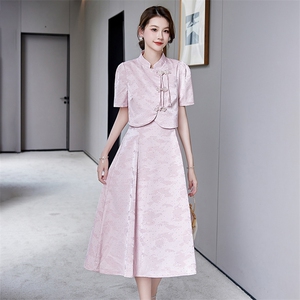 新中式国风套装女夏高级感别致2024新款重工镶钻吊带连衣裙两件套图片
