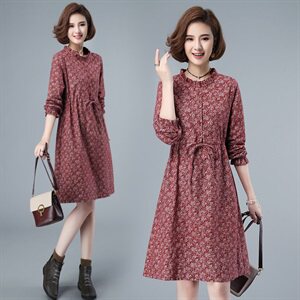 2021新款早春中长款连衣裙女长袖小碎花宽松腰制抽绳图片
