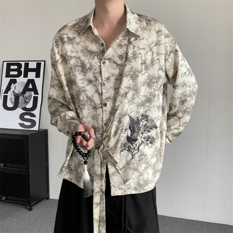 春装2025新中式复古男女衬衫不规则拼接衬衣绑带复古长袖衬衣,男装衬衫,星座909