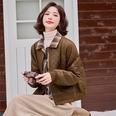 2024冬装新款假两件格子领夹棉短外套，女装棉衣/棉服，梦芯尔