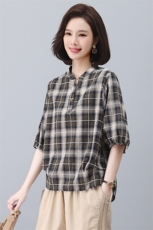 纯棉格子衬衫女2023夏季新款年轻妈妈休闲宽松收腰显瘦短袖上衣，女装T恤，忆绮罗