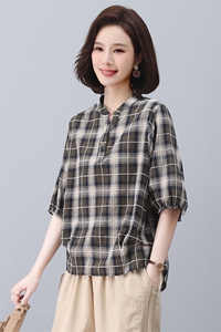 纯棉格子衬衫女2023夏季新款年轻妈妈休闲宽松收腰显瘦短袖上衣图片
