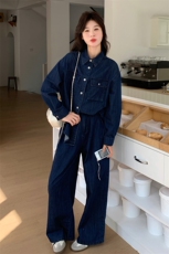 港风复古牛仔套装女2025新款酷飒拽姐开春穿搭高级感阔腿裤两件套，女装套装/套裙，2C085