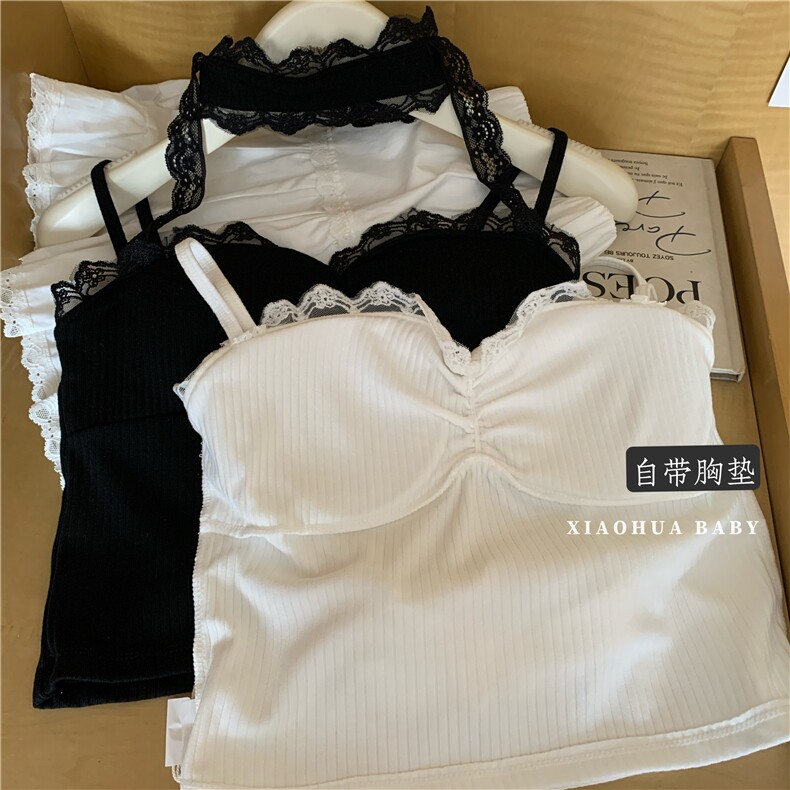 纯欲性感辣妹蕾丝拼接挂脖吊带背心女内搭带胸垫短款上衣,女装背心吊带,梦白服饰厂