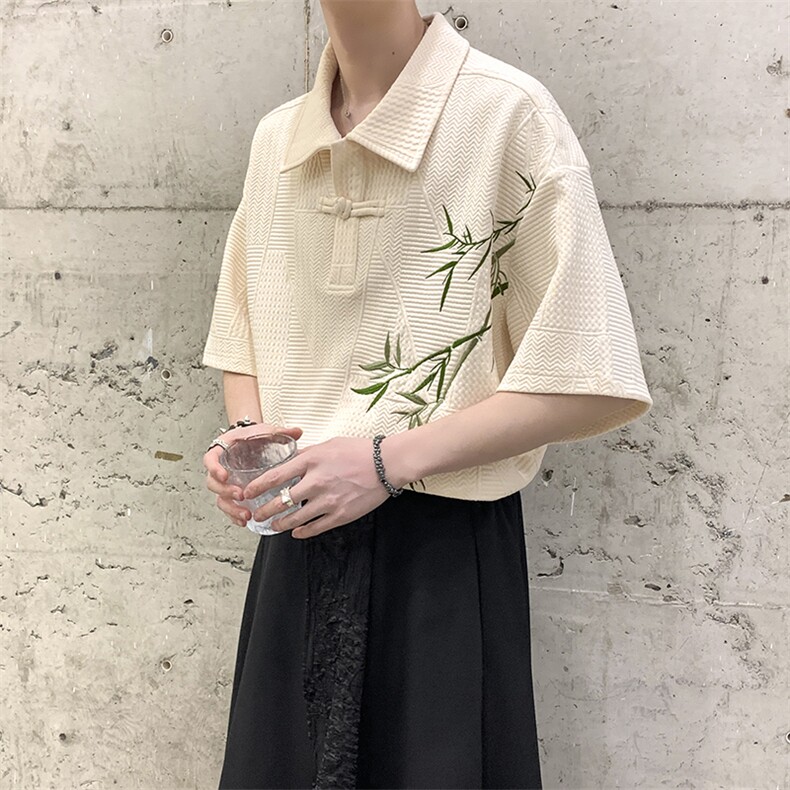 早春重磅风新中式竹子刺绣盘扣短袖POLO衫宽松休闲男女衬衫,男装Polo衫,星座909
