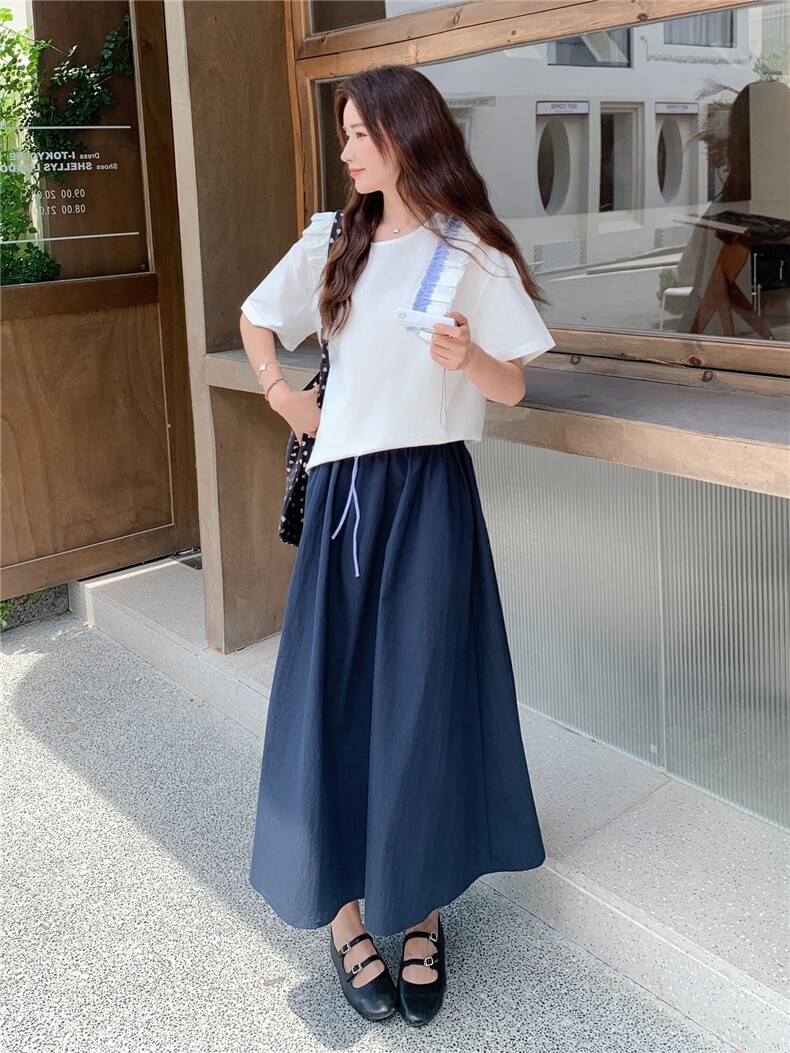 法式复古半身裙女2025夏季宽松气质简约松紧腰长裙花边上衣两件套,女装套装/套裙,慧尚依恋
