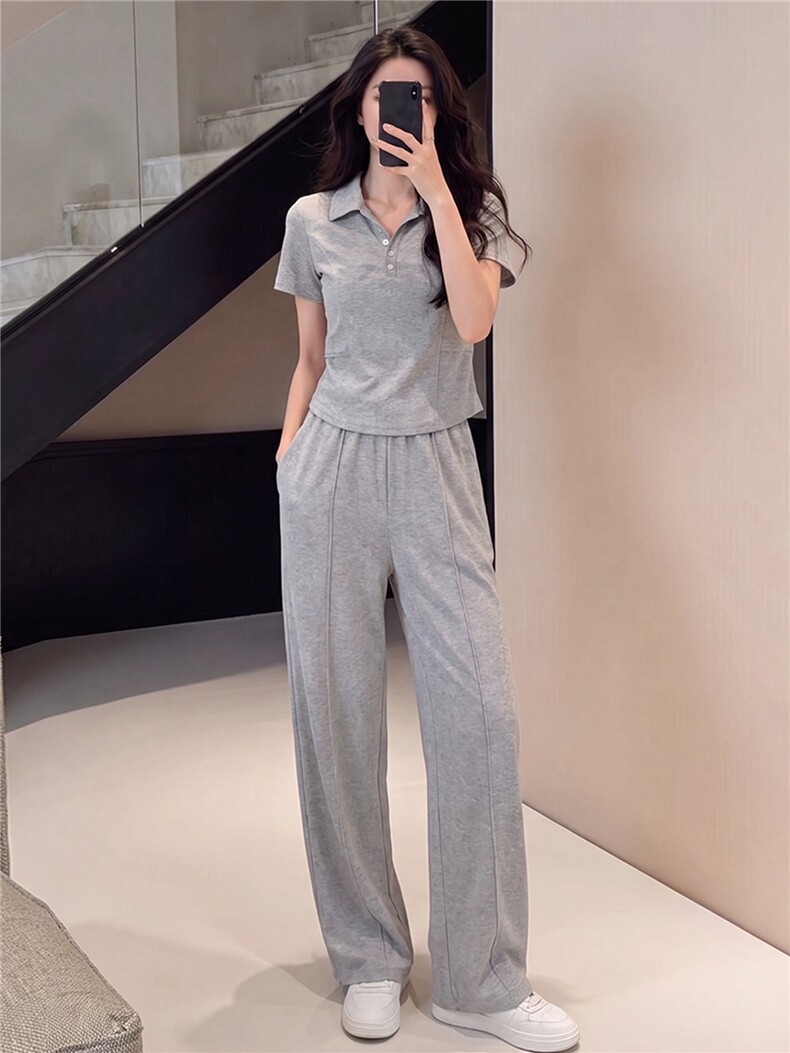 韩版时尚休闲运动套装女夏季新款显瘦气质翻领短袖卫衣长裤两件套,女装套装/套裙,江南