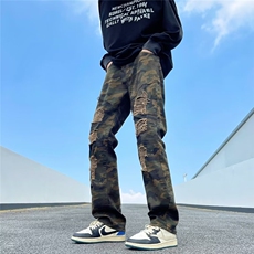 复古迷彩毛边牛仔裤男士帅ins潮直筒破洞微喇显瘦裤子RK1167-P49，男装休闲裤，星座412-3