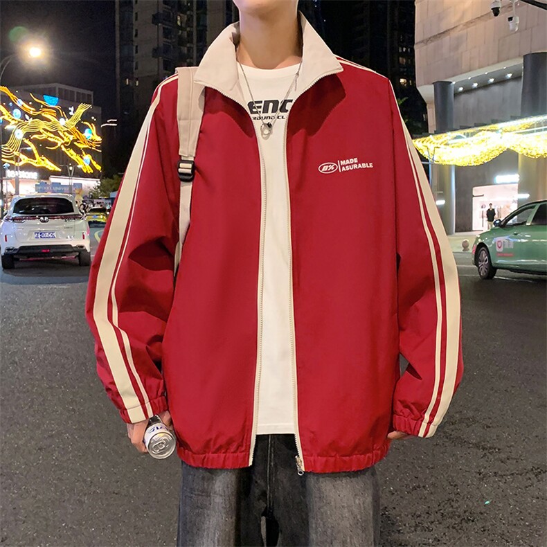 秋季夹克长袖方领立领宽松双面穿三条杠外套男潮新款JK423p70,男装夹克,电商D315