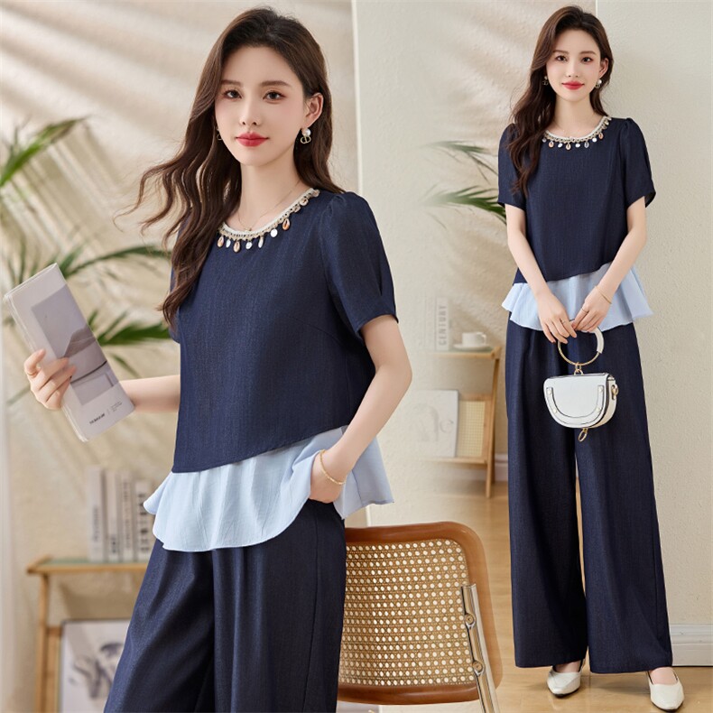 设计感时尚休闲套装女2025夏新款亮片假两件拼接上衣阔腿裤两件套，女装套装/套裙，伊航服饰