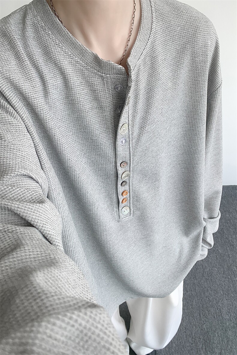8XL-M慵懒肌理感华夫格廓形云母贝纽扣长袖T恤打底长袖CX3006P48,男装T恤,电商D206-1