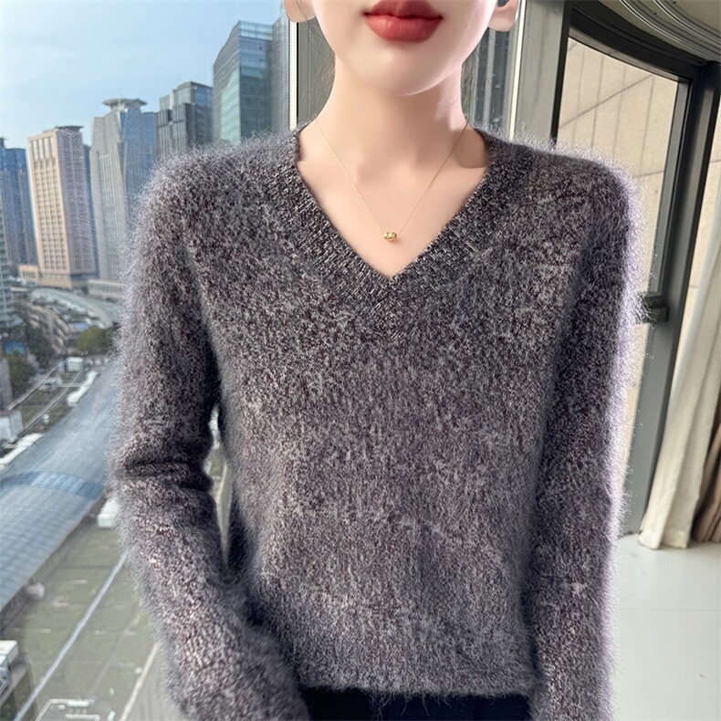 宽松加厚显瘦V领貂绒衫花纱女毛衣2025新款秋冬打底针织羊毛衫,针织衫/毛衣,冬贝尔貂绒