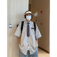 S028-P38夏季新款日系复古条纹短袖衬衫送领带，男装衬衫，星座1501-1