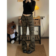 美式高街hiphop复古设计迷彩工装裤男修身微喇裤子潮LB00244-P65，男装牛仔裤，星座1008