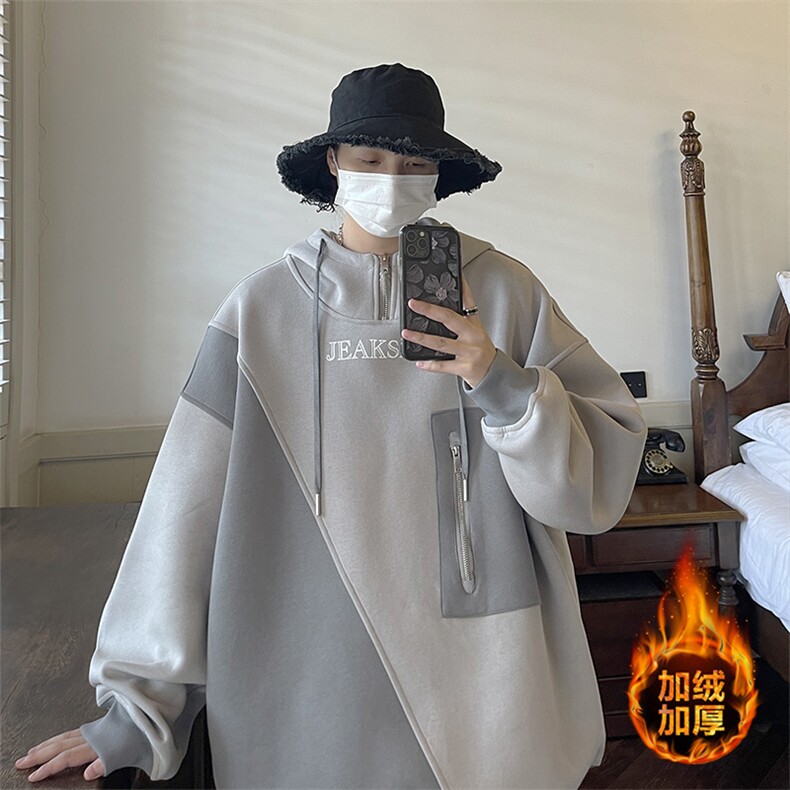 秋季大码加绒加厚卫衣连帽宽松百搭字母印花外套JK22308Jp85控98图片